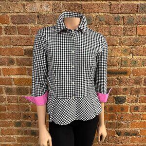 VGC LRL Ralph Lauren Black & White Gingham Checkered Peplum Button Down Top SZ 8